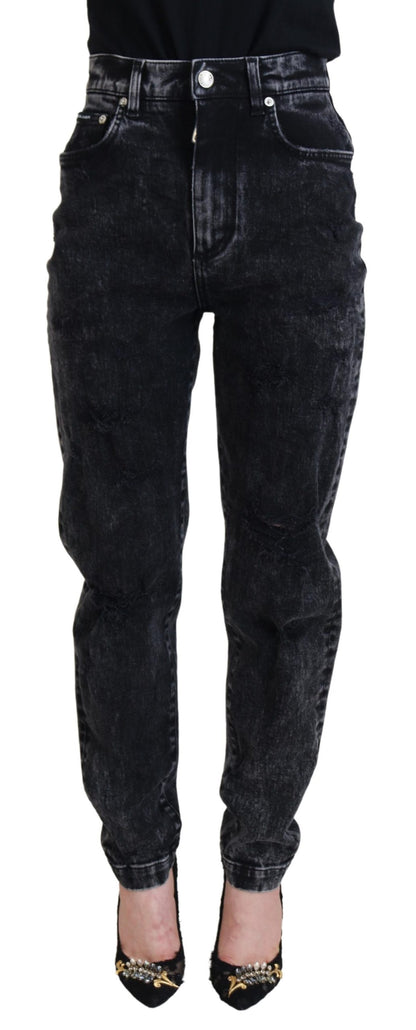 Jean en denim taille haute en coton délavé noir Dolce & Gabbana