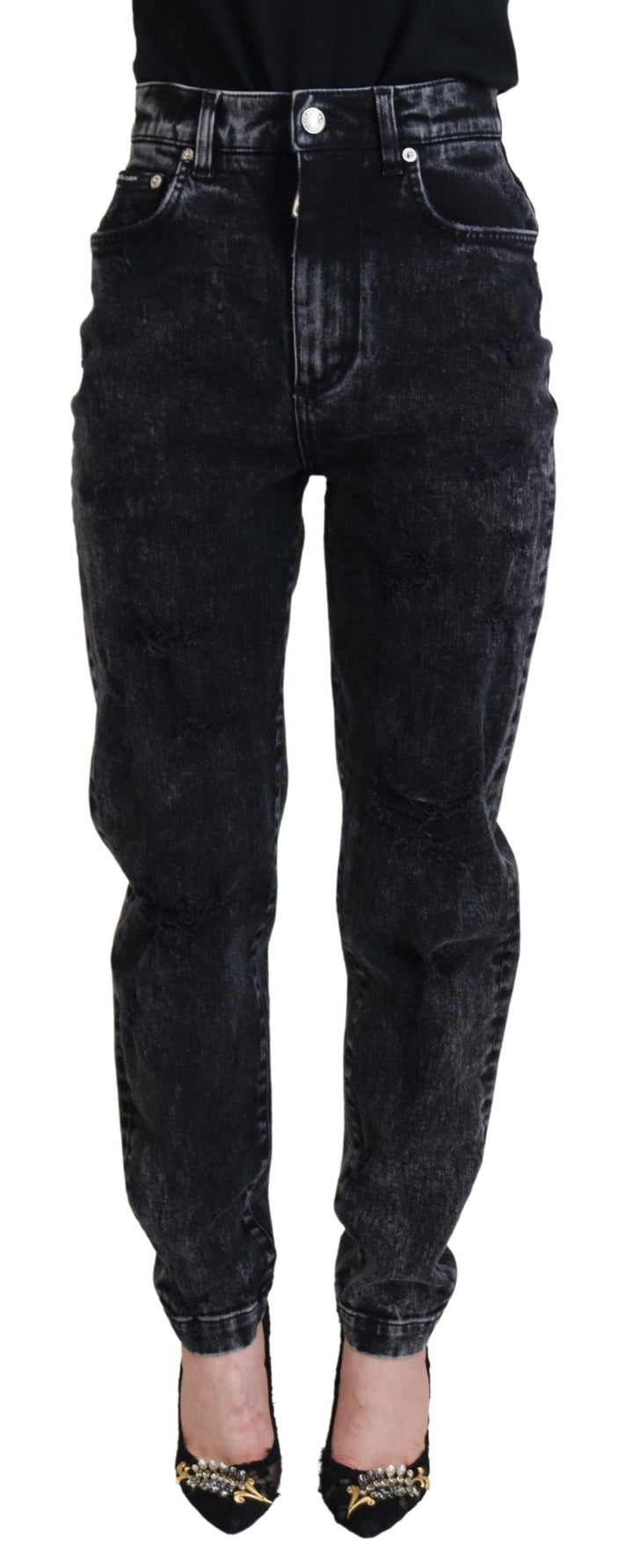 Jean en denim taille haute en coton délavé noir Dolce & Gabbana