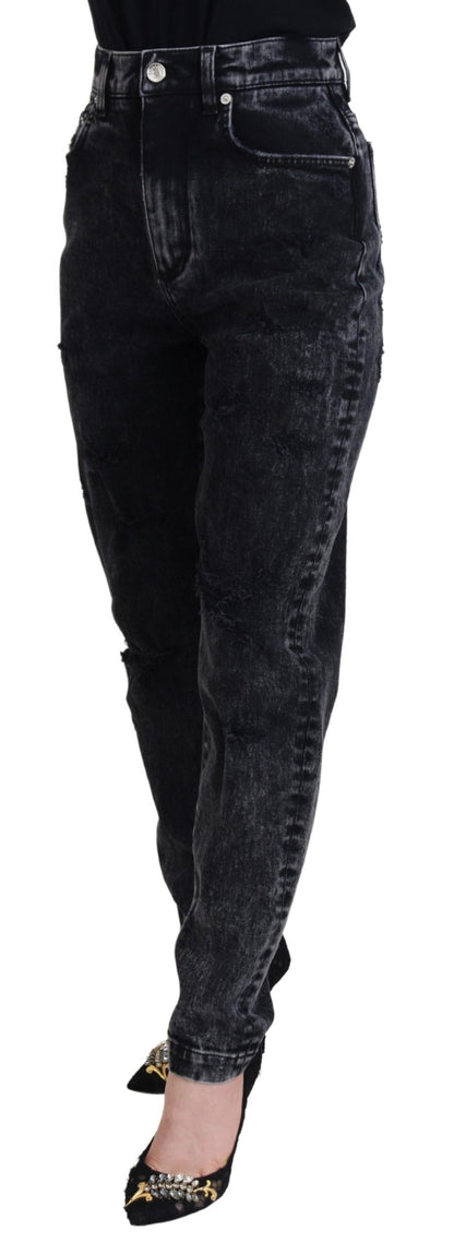 Jean en denim taille haute en coton délavé noir Dolce & Gabbana