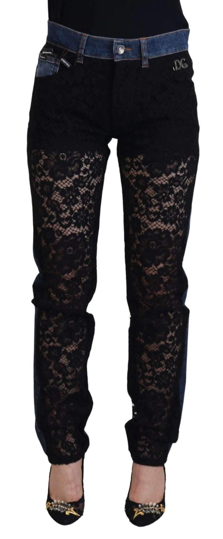 Dolce & Gabbana Jean Slim En Dentelle Florale Noire