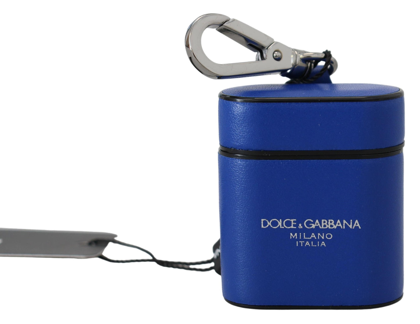 Étui Airpods Dolce & Gabbana en cuir bleu et logo en métal argenté