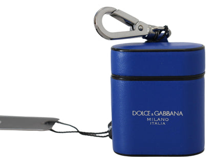 Étui Airpods Dolce & Gabbana en cuir bleu et logo en métal argenté
