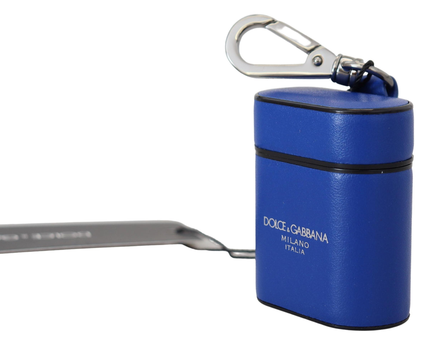 Étui Airpods Dolce & Gabbana en cuir bleu et logo en métal argenté