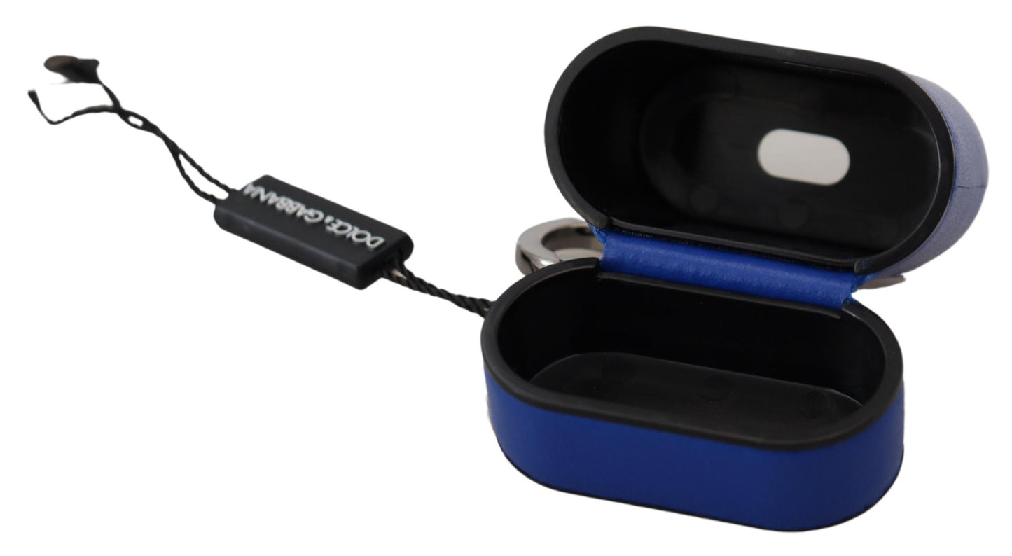 Étui Airpods Dolce & Gabbana en cuir bleu et logo en métal argenté
