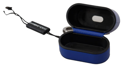 Étui Airpods Dolce & Gabbana en cuir bleu et logo en métal argenté
