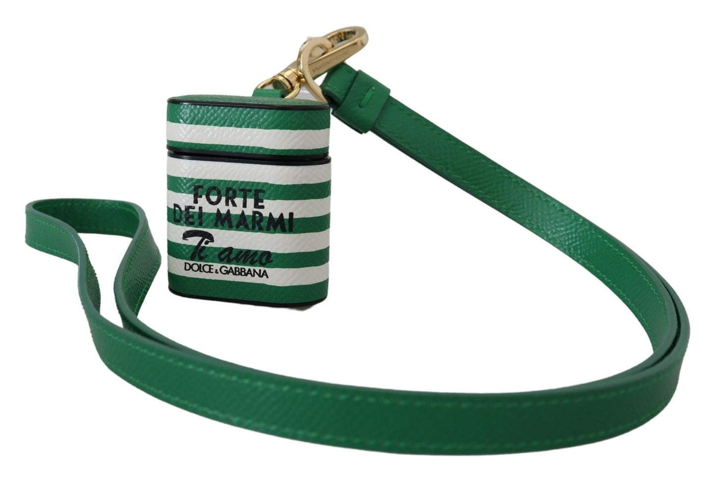 Étui Airpods Dolce & Gabbana en Cuir Vert avec Logo en Métal Doré