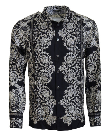 Chemise Décontractée en Satin Baroque Floral en Soie Bleue Dolce & Gabbana