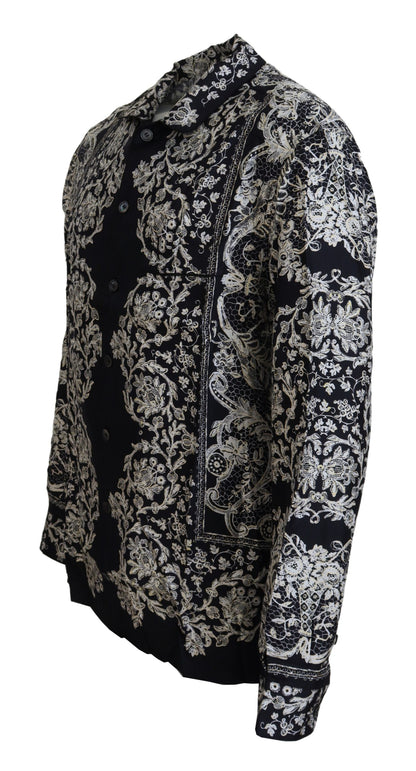 Chemise Décontractée en Satin Baroque Floral en Soie Bleue Dolce & Gabbana