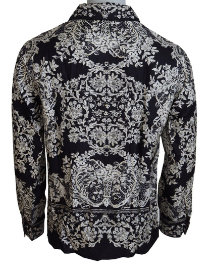 Chemise Décontractée en Satin Baroque Floral en Soie Bleue Dolce & Gabbana