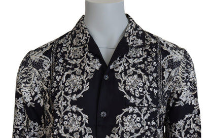Chemise Décontractée en Satin Baroque Floral en Soie Bleue Dolce & Gabbana