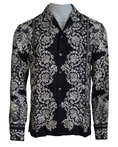 Chemise Décontractée en Satin Baroque Floral en Soie Bleue Dolce & Gabbana