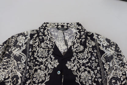 Chemise Décontractée en Satin Baroque Floral en Soie Bleue Dolce & Gabbana