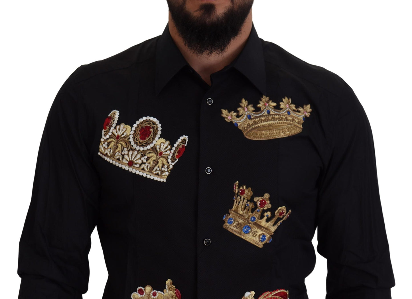 Chemise habillée Dolce & Gabbana noire avec couronne dorée, coupe ajustée