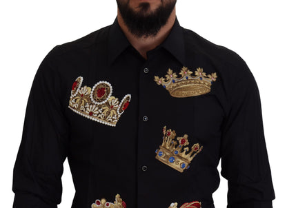 Chemise habillée Dolce & Gabbana noire avec couronne dorée, coupe ajustée