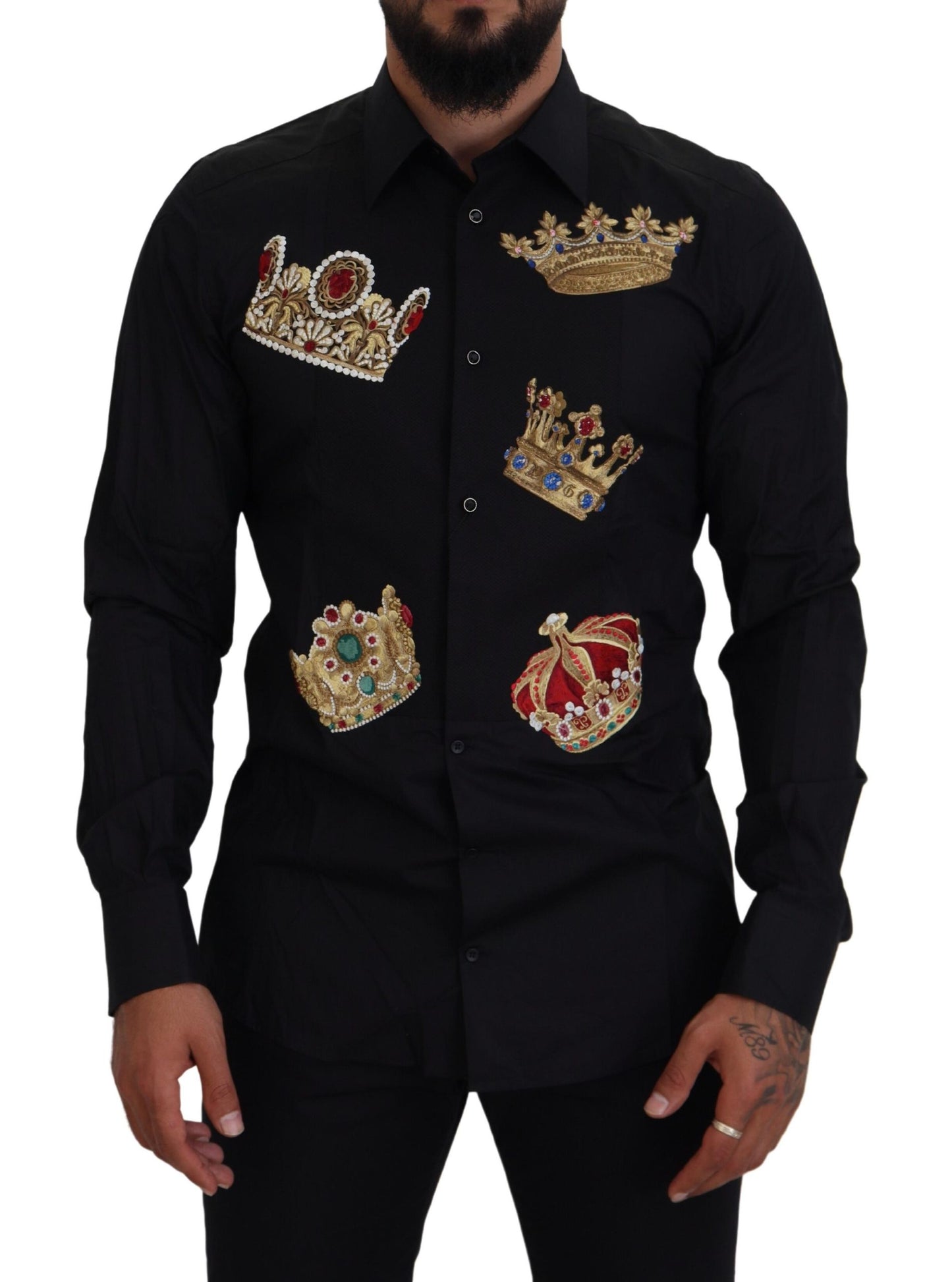 Chemise habillée Dolce & Gabbana noire avec couronne dorée, coupe ajustée