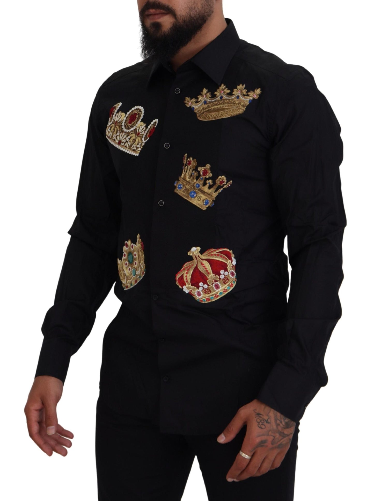 Chemise habillée Dolce & Gabbana noire avec couronne dorée, coupe ajustée