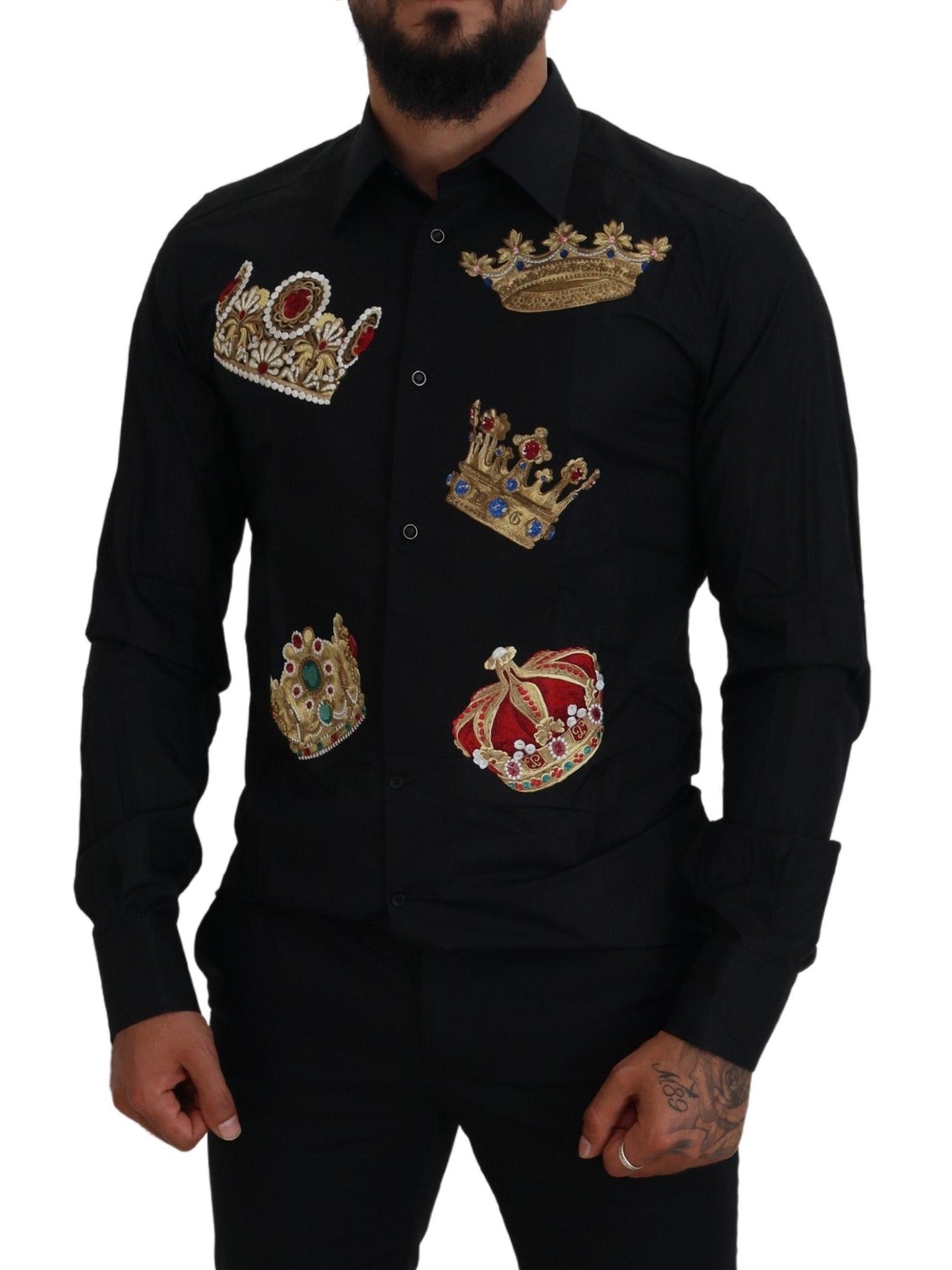 Chemise habillée Dolce & Gabbana noire avec couronne dorée, coupe ajustée