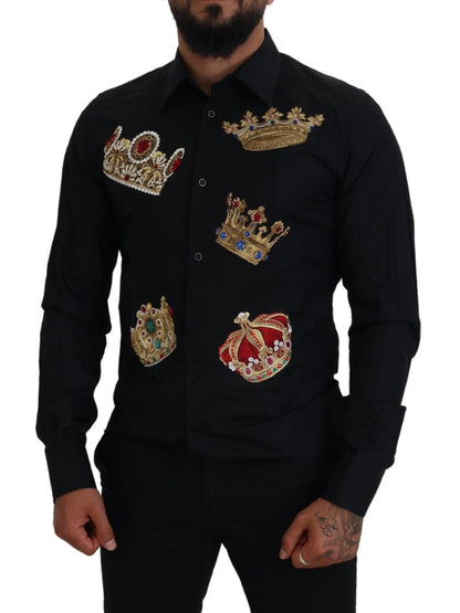 Chemise habillée Dolce & Gabbana noire avec couronne dorée, coupe ajustée