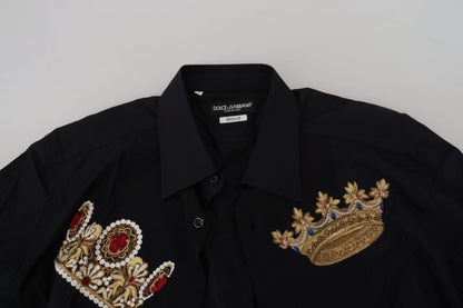 Chemise habillée Dolce & Gabbana noire avec couronne dorée, coupe ajustée