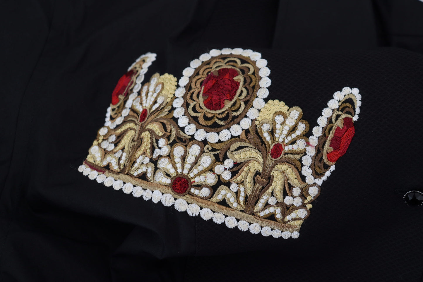 Chemise habillée Dolce & Gabbana noire avec couronne dorée, coupe ajustée