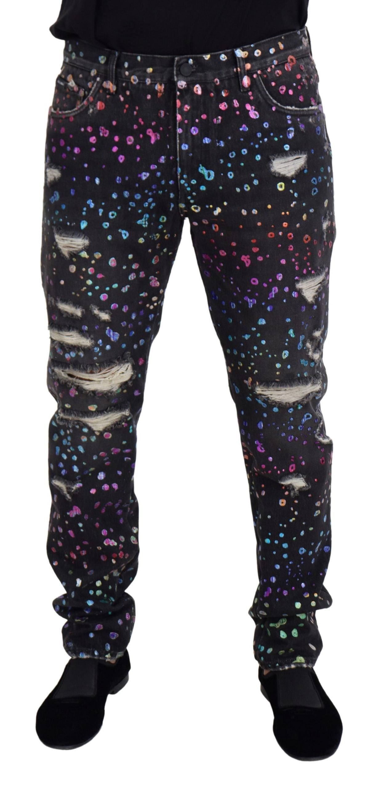 Jean en denim effiloché à imprimé multicolore Dolce & Gabbana noir