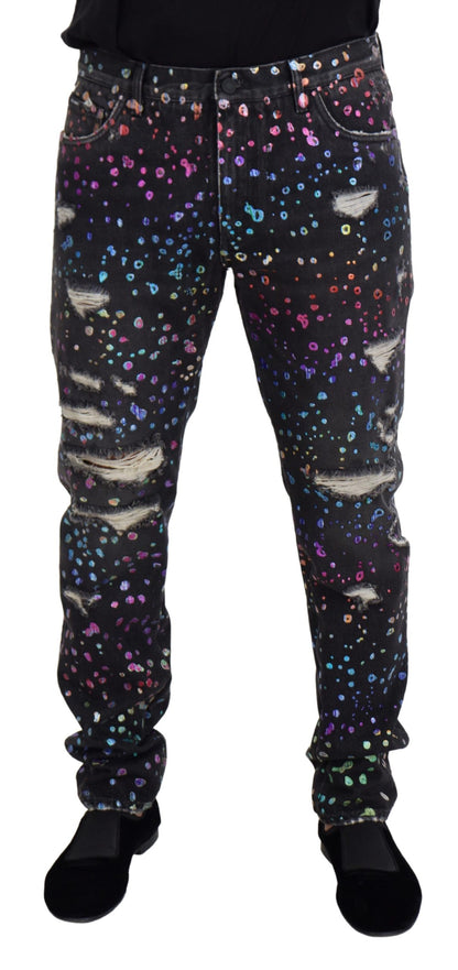 Jean en denim effiloché à imprimé multicolore Dolce & Gabbana noir