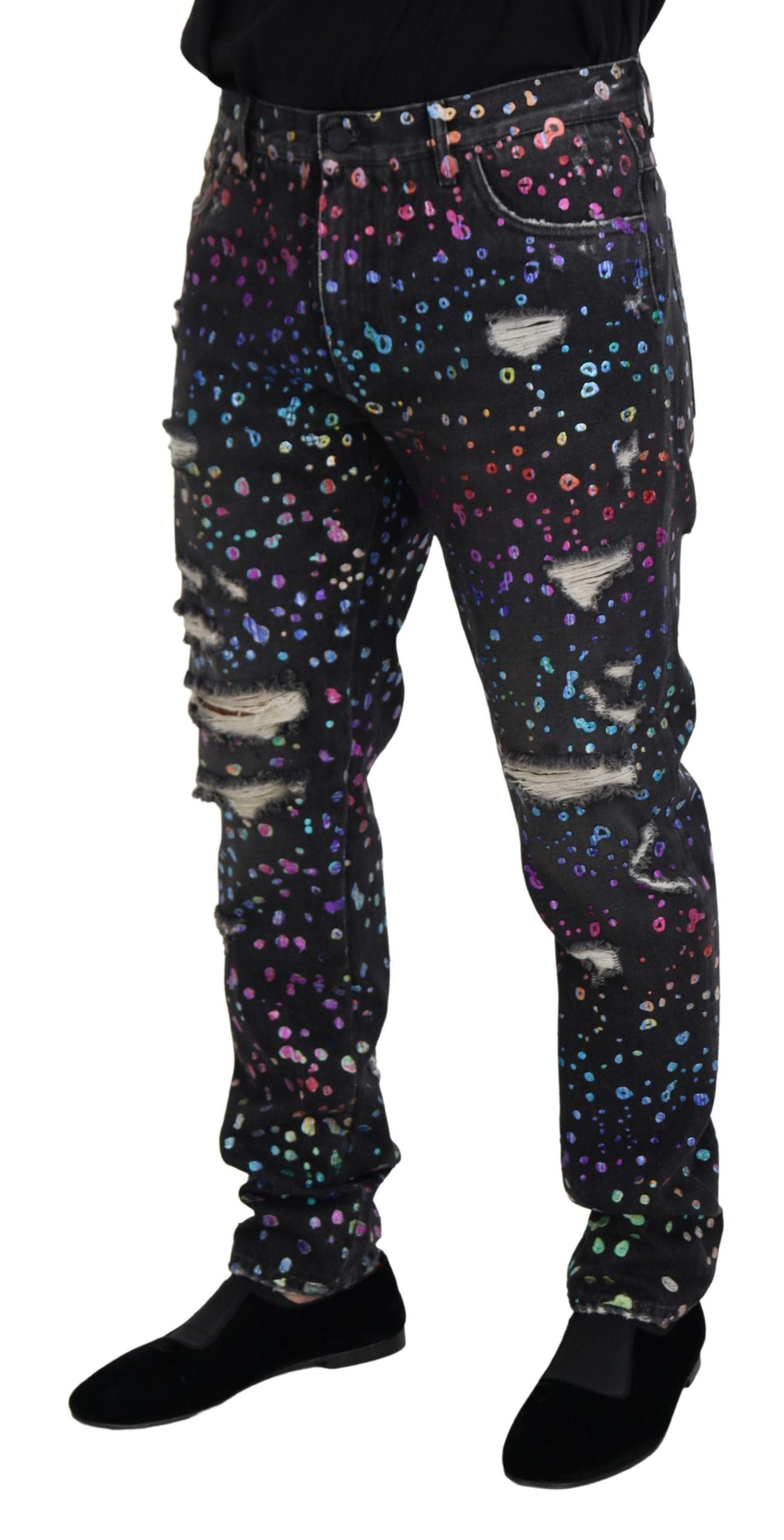 Jean en denim effiloché à imprimé multicolore Dolce & Gabbana noir