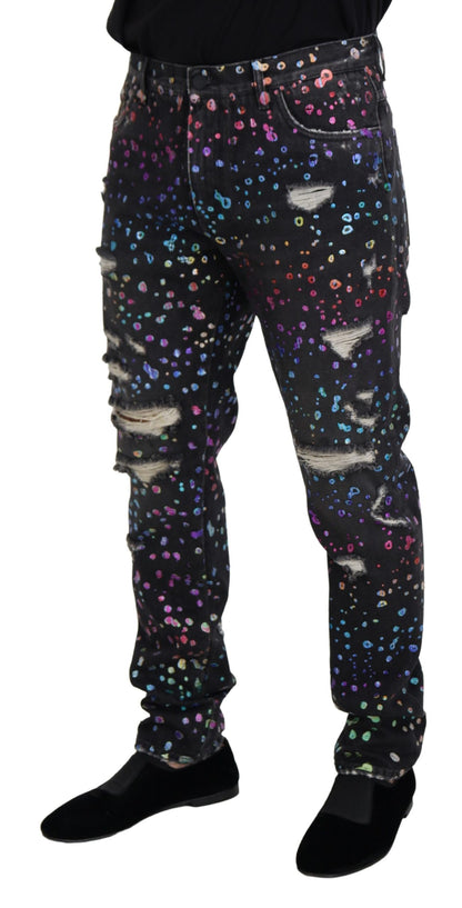 Jean en denim effiloché à imprimé multicolore Dolce & Gabbana noir