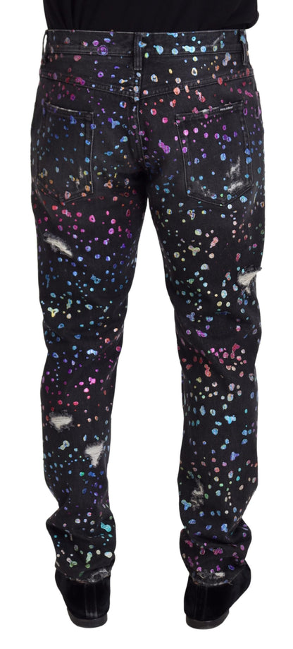 Jean en denim effiloché à imprimé multicolore Dolce & Gabbana noir