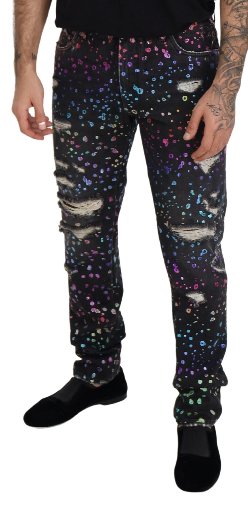 Jean en denim effiloché à imprimé multicolore Dolce & Gabbana noir