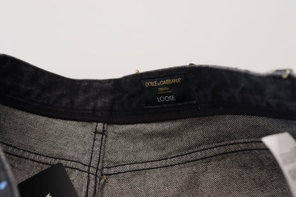 Jean en denim effiloché à imprimé multicolore Dolce & Gabbana noir