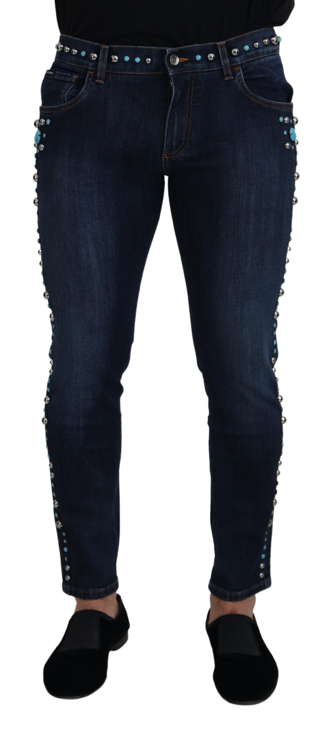 Jean en denim taille basse clouté en coton bleu Dolce & Gabbana