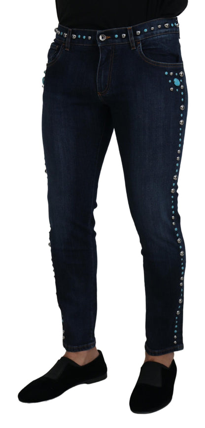 Jean en denim taille basse clouté en coton bleu Dolce & Gabbana