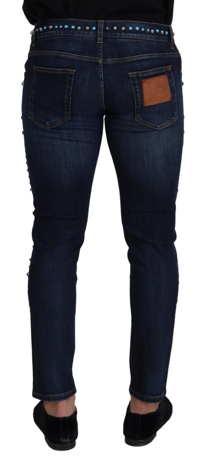 Jean en denim taille basse clouté en coton bleu Dolce & Gabbana