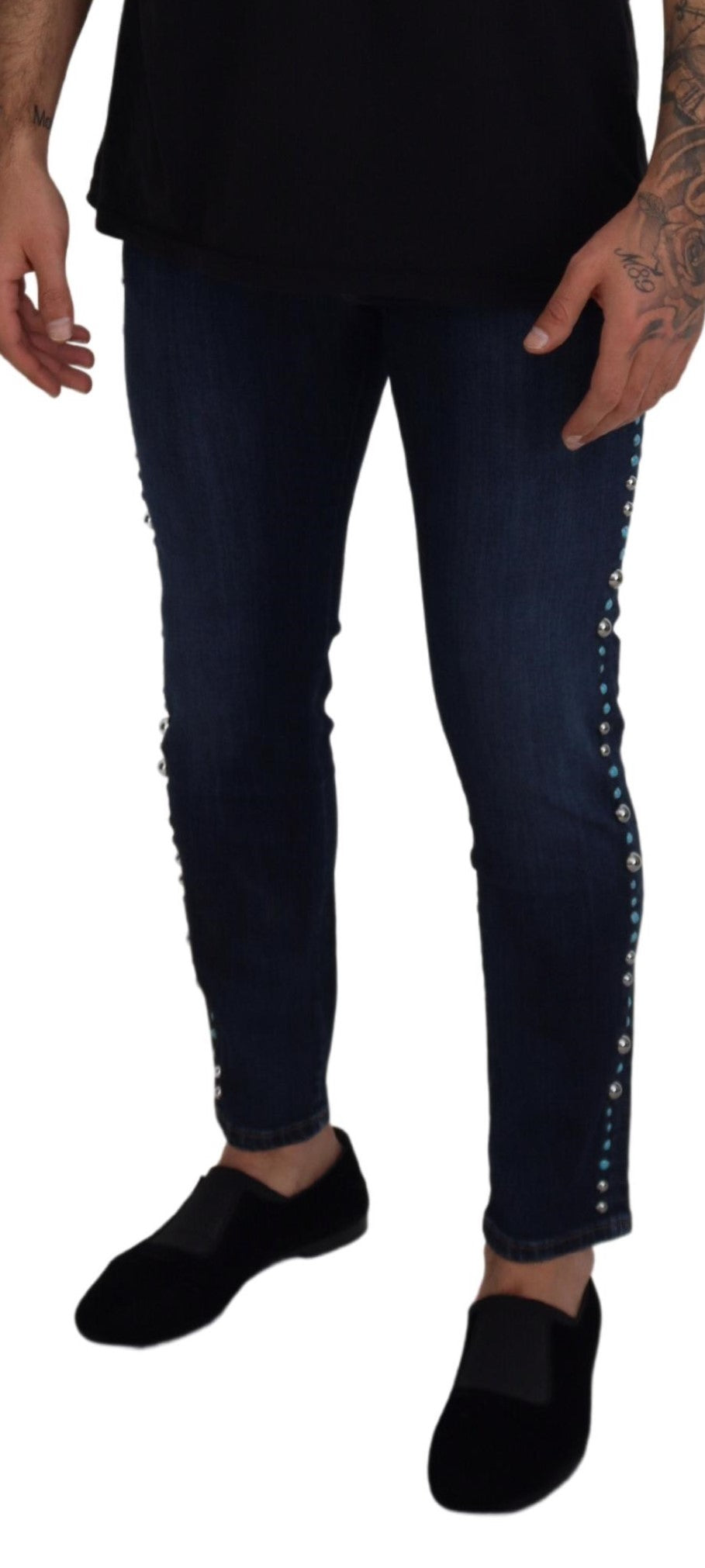 Jean en denim taille basse clouté en coton bleu Dolce & Gabbana