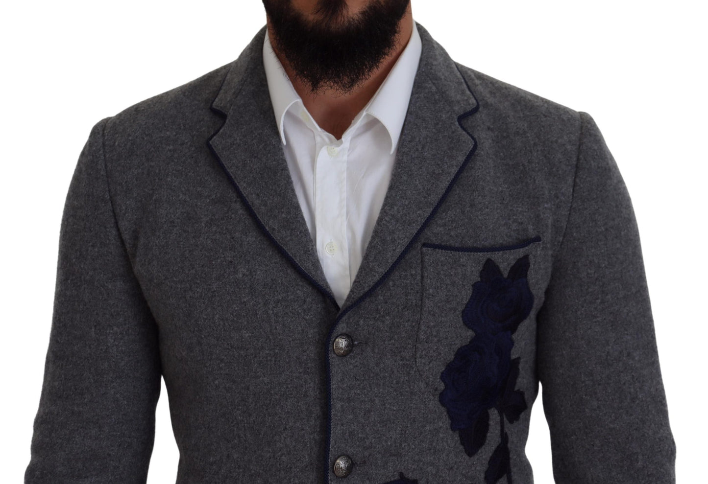 Veste blazer Dolce & Gabbana en laine grise avec roses, coupe ajustée