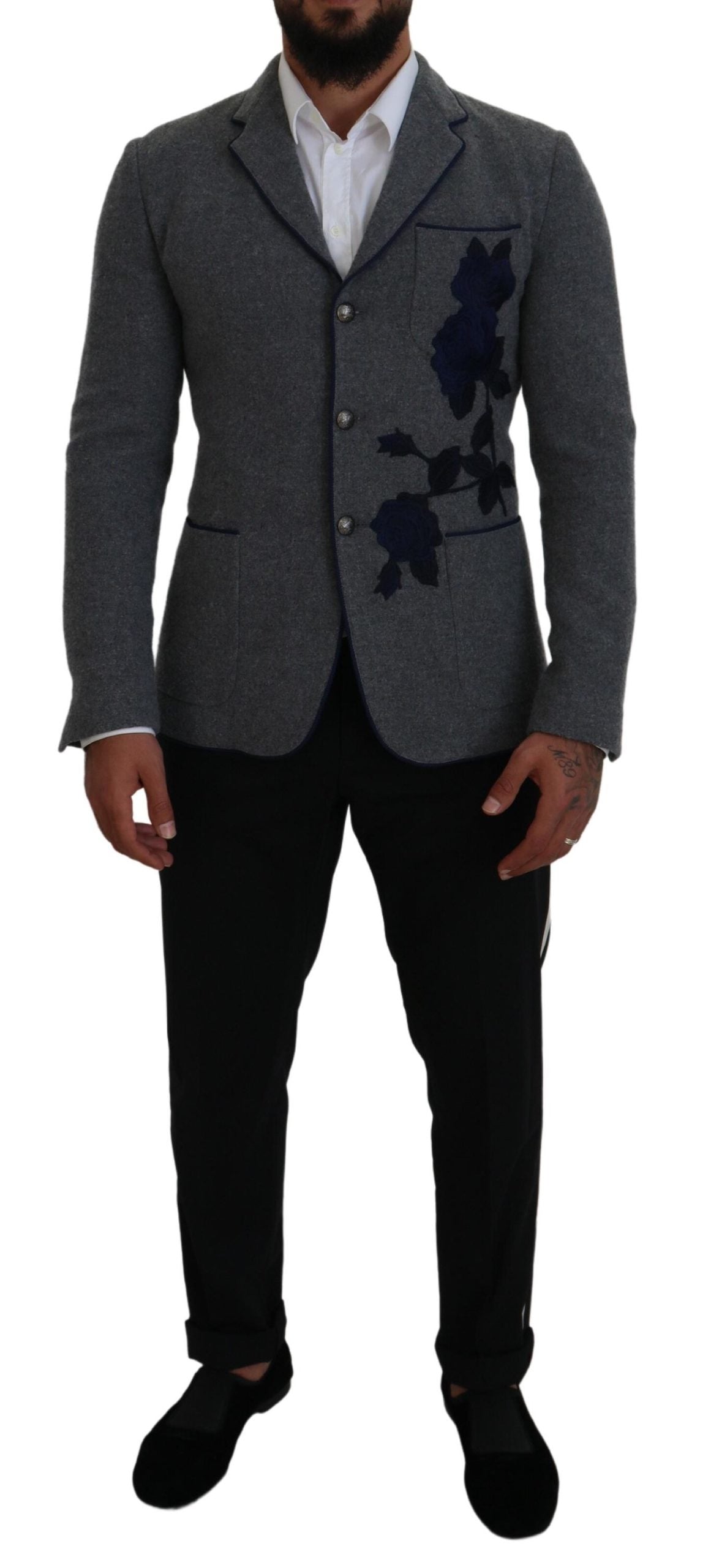 Veste blazer Dolce & Gabbana en laine grise avec roses, coupe ajustée