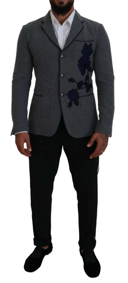 Veste blazer Dolce & Gabbana en laine grise avec roses, coupe ajustée