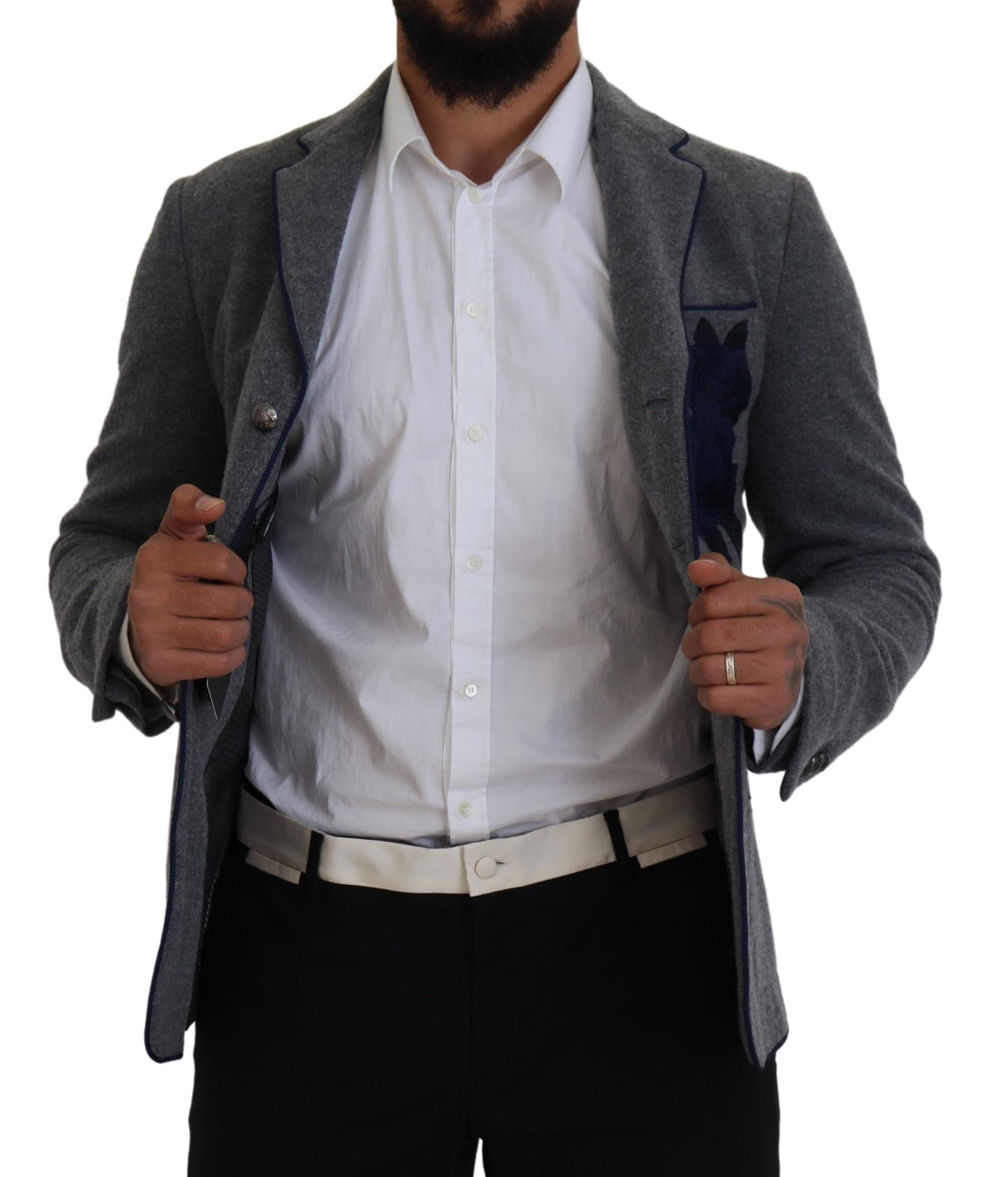 Veste blazer Dolce & Gabbana en laine grise avec roses, coupe ajustée
