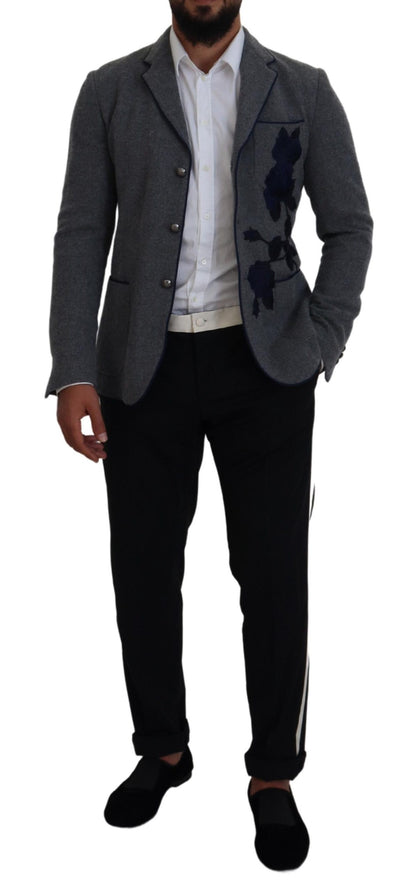 Veste blazer Dolce & Gabbana en laine grise avec roses, coupe ajustée