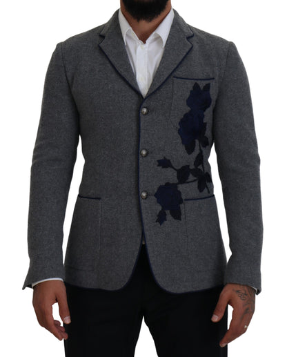 Veste blazer Dolce & Gabbana en laine grise avec roses, coupe ajustée