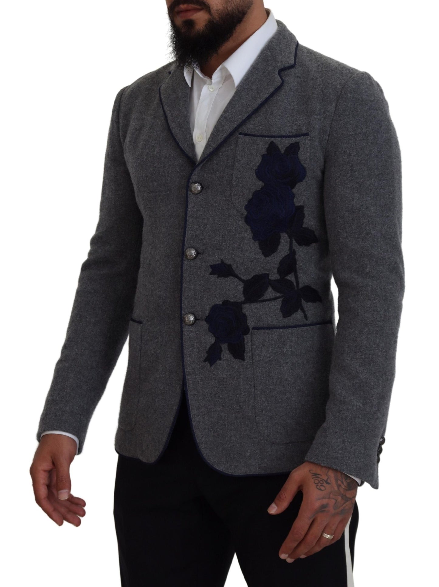 Veste blazer Dolce & Gabbana en laine grise avec roses, coupe ajustée