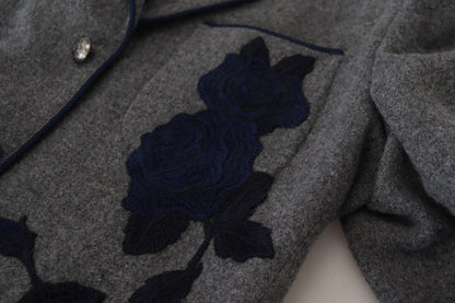 Veste blazer Dolce & Gabbana en laine grise avec roses, coupe ajustée