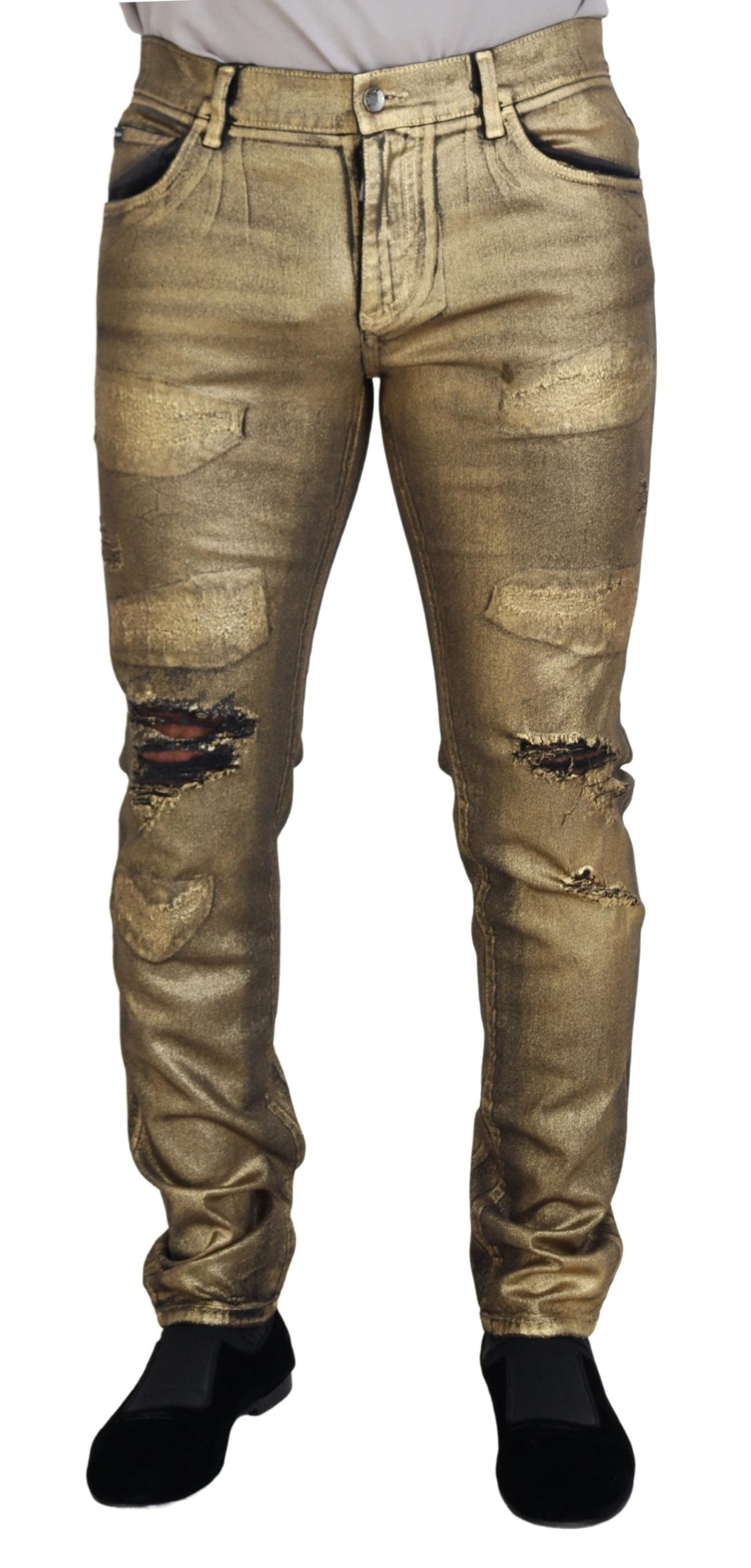 Jean slim effiloché en denim de coton doré Dolce & Gabbana pour homme