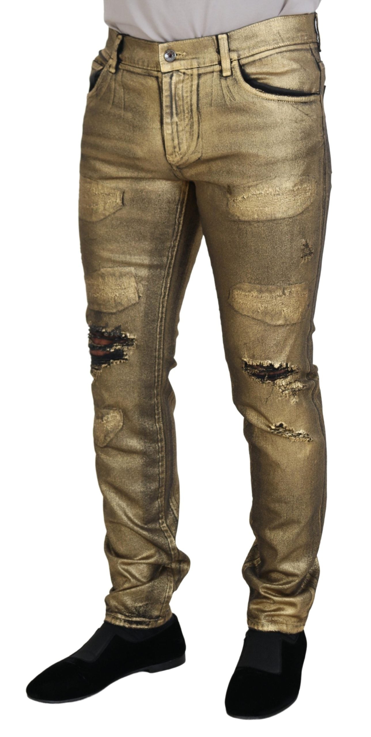 Jean slim effiloché en denim de coton doré Dolce & Gabbana pour homme