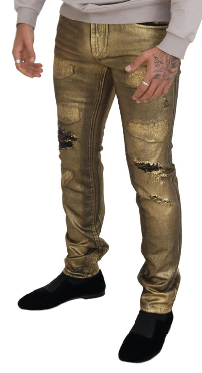 Jean slim effiloché en denim de coton doré Dolce & Gabbana pour homme