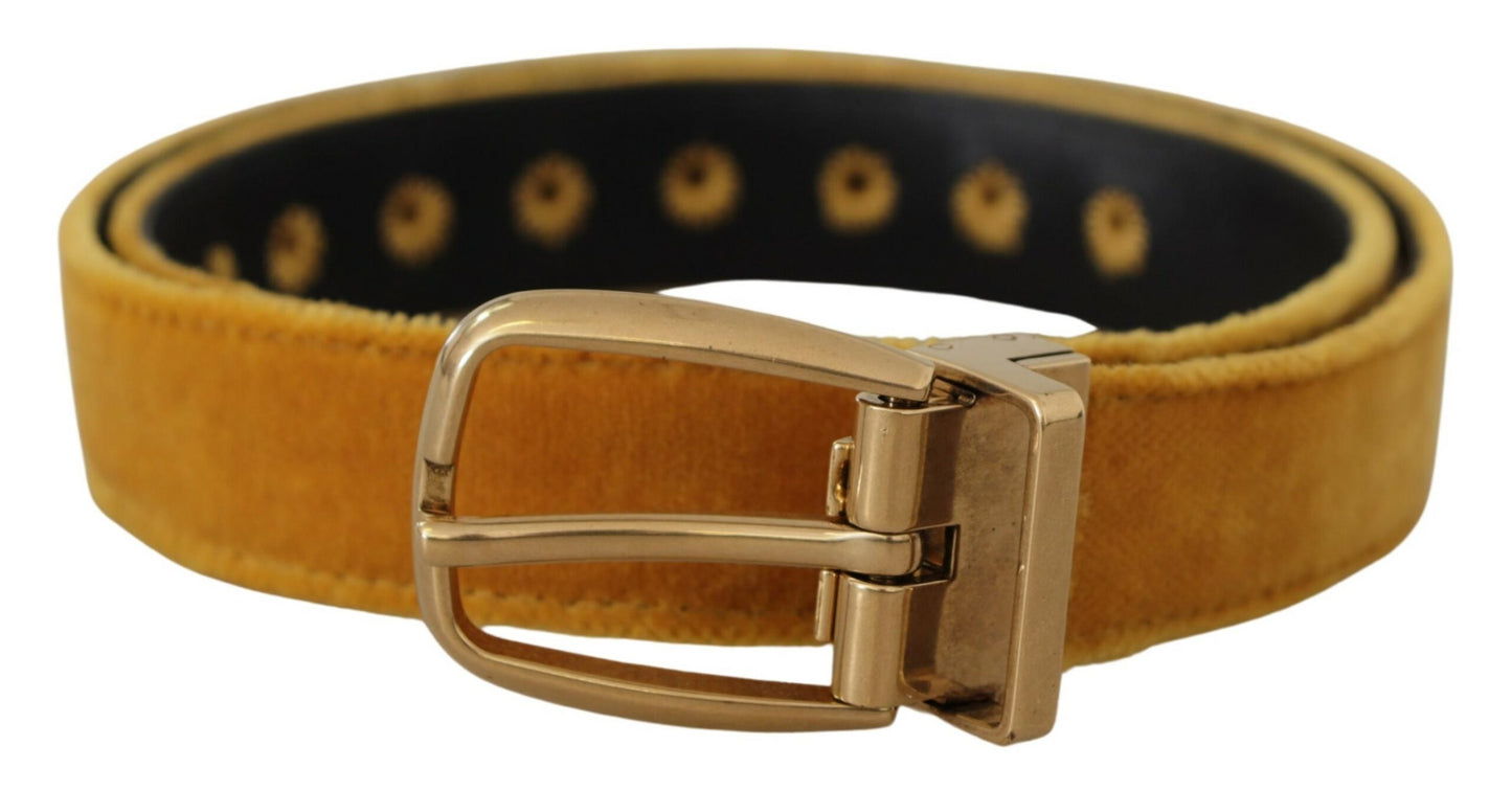 Ceinture Dolce & Gabbana en Velours Moutarde avec Boucle en Métal Gravée du Logo Doré