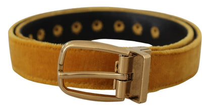 Ceinture Dolce & Gabbana en Velours Moutarde avec Boucle en Métal Gravée du Logo Doré