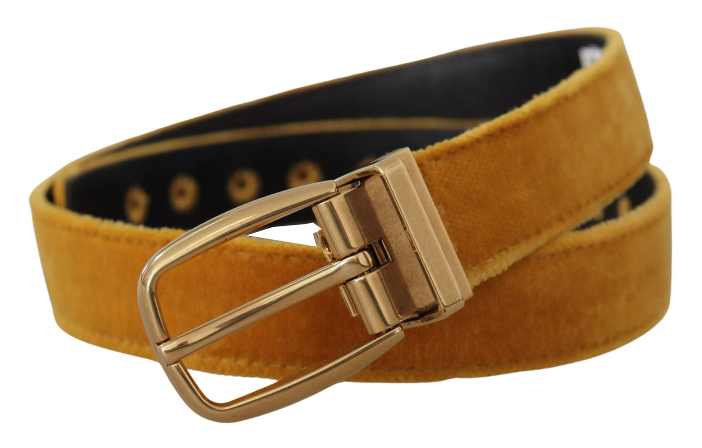 Ceinture Dolce & Gabbana en Velours Moutarde avec Boucle en Métal Gravée du Logo Doré