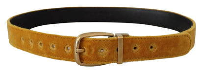 Ceinture Dolce & Gabbana en Velours Moutarde avec Boucle en Métal Gravée du Logo Doré